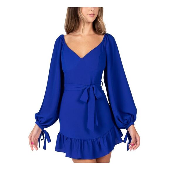 B DARLIN Dresses & Skirts - B DARLIN Womens Zippered Ruffled Long Sleeve V Neck Mini Party Fit + Flare Dress